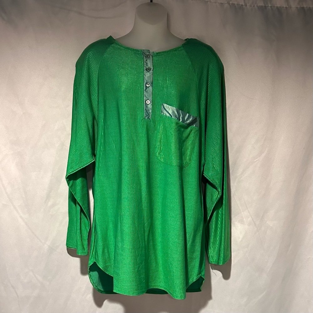 Vintage 80s Kelly Green Button-Up Long Sleeve Dressy Tunic Style Top